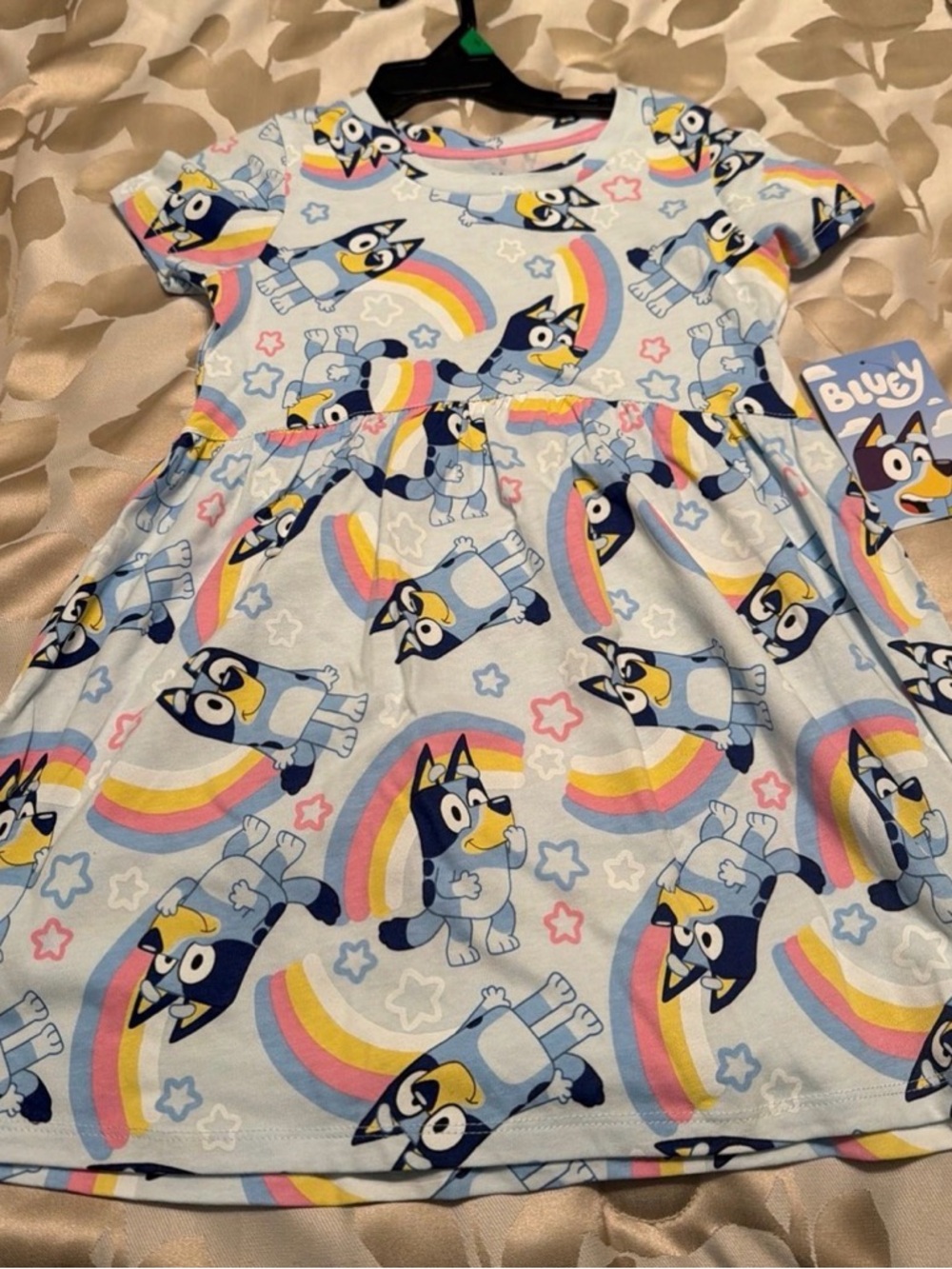 Bluey Girls Dress Size 5T Rainbow Print Short Sleeve Light Blue